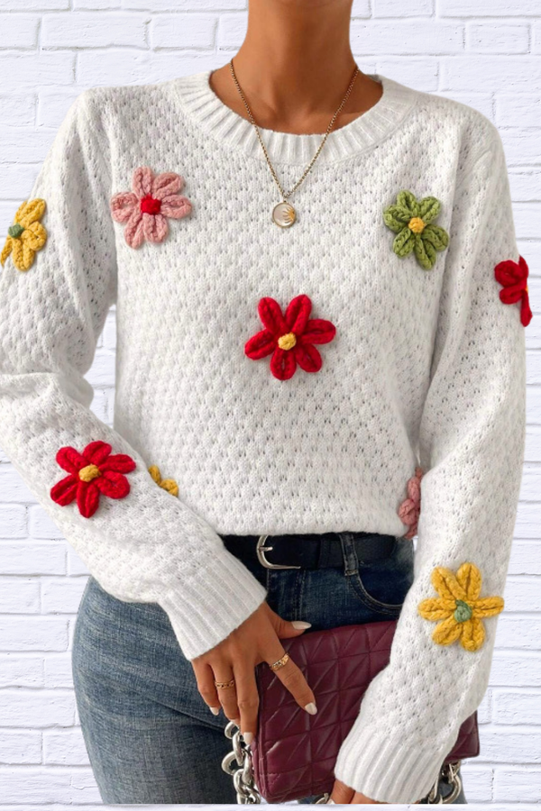 Crochet Flower Round Neck Long Sleeve Sweater