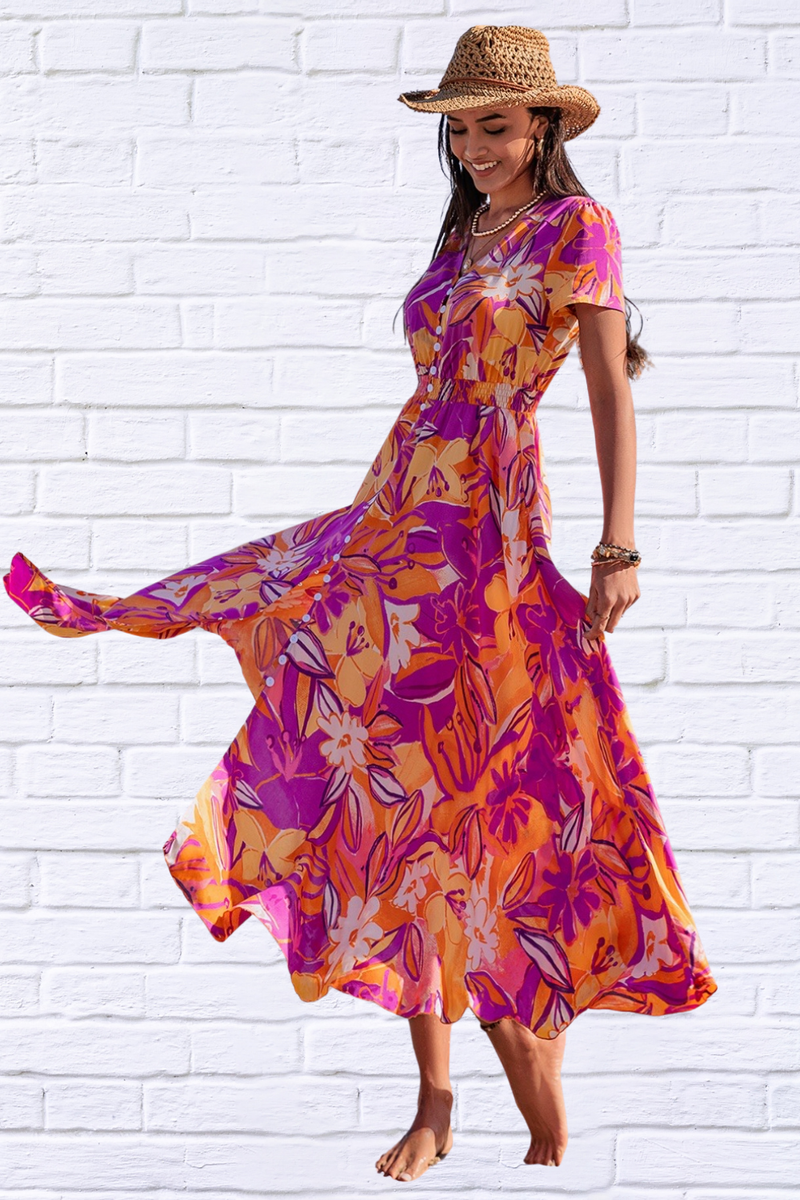 Printed Floral V-Neck Short Sleeve Midi Dress – Effortless Elegance for Every Occas