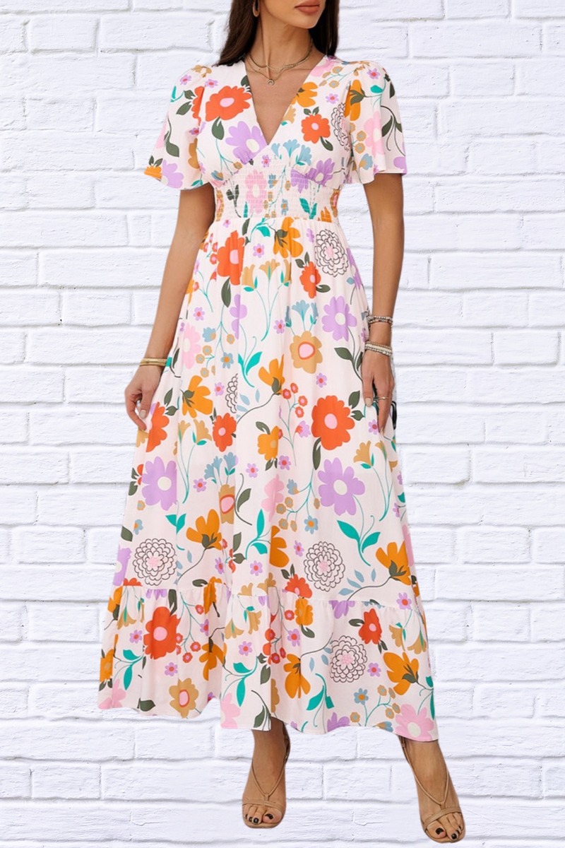 Smocked Printed V-Neck Short Sleeve Maxi Dress