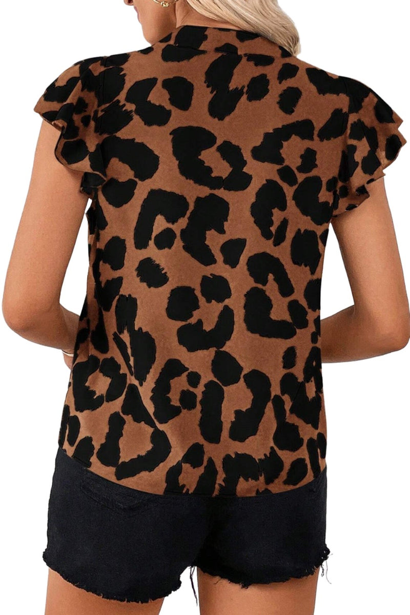 Leopard Notched Cap Sleeve Blouse