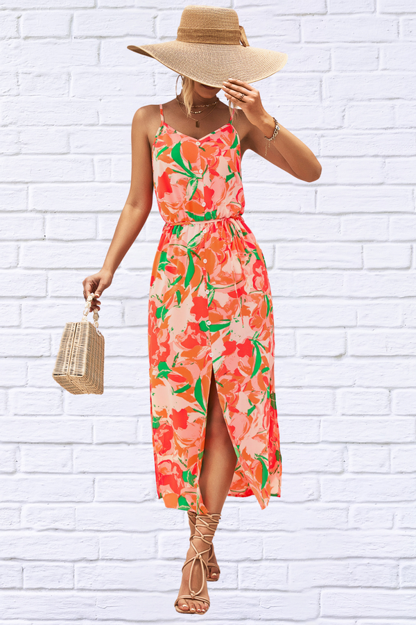 Printed Spaghetti Strap Front Slit Dress