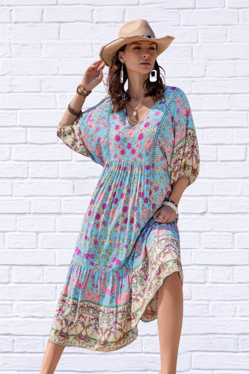 Printed Puff Sleeve Ruched Midi Dress