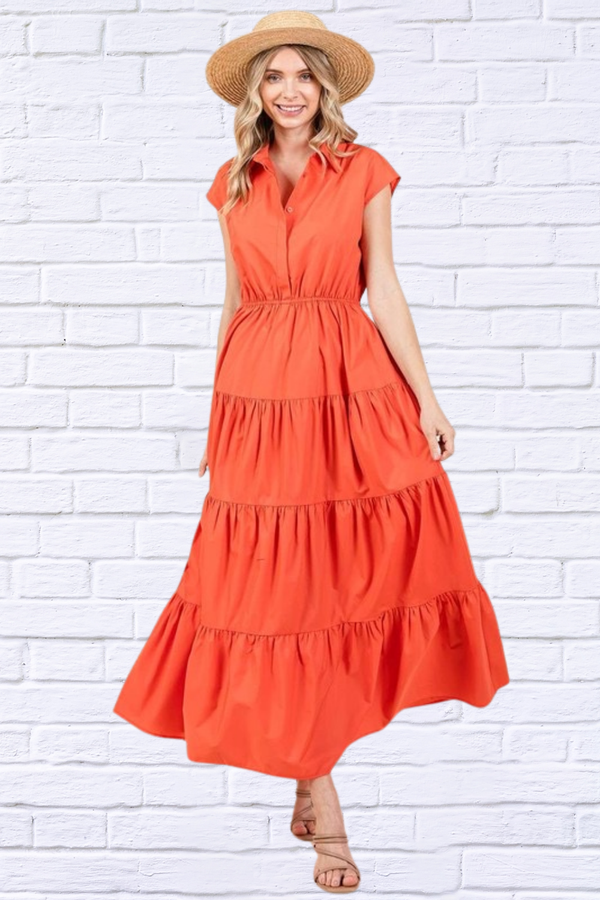 Orange Button Up Collared Tiered Maxi Shirt Dress