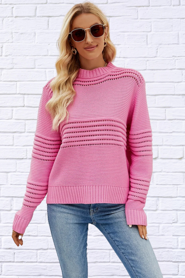 Round Neck Openwork Long Sleeve Pullover Sweater