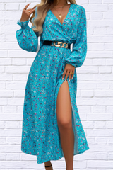 Split Printed Surplice Long Sleeve Midi Dress