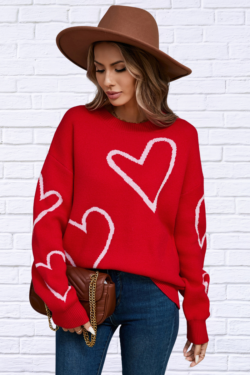 Heart Dropped Shoulder Long Sleeve Sweater