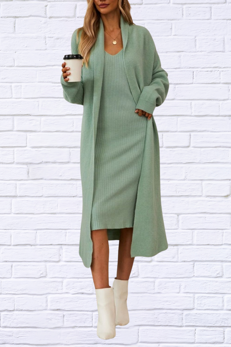 Neck Cami Dress and Open Front Cardigan Sweater Set