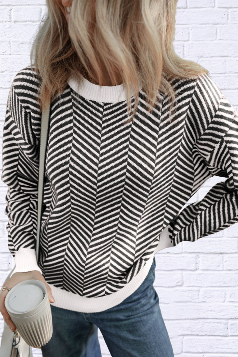 Herring Bone Round Neck Long Sleeve Sweater