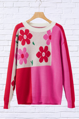 Flower Color Block Round Neck Sweater