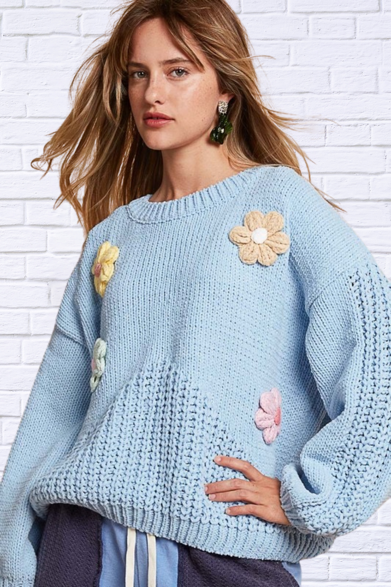 POL Crochet Flower Round Neck Dropped Shoulder Sweater