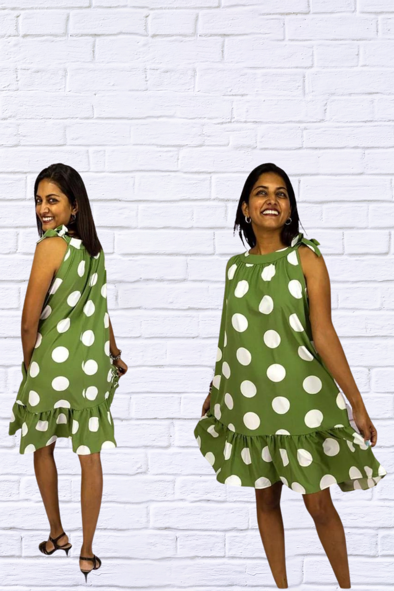 Tie Neck Gauged Trapeze Dress - GREEN POLKA DOT - | Diva USA