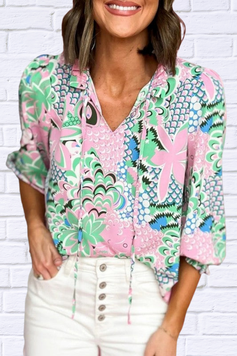 Green Floral Print V Neck Tied Loose Blouse