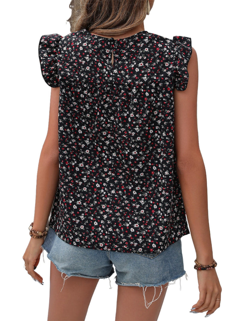 Ruffled Printed Round Neck Cap Sleeve Blouse