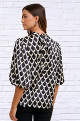 Tie Back Abstract Print Mock Neck Half Sleeve Blouse