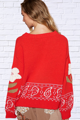 Red Flower Lace Patch Long Sleeve Sweater