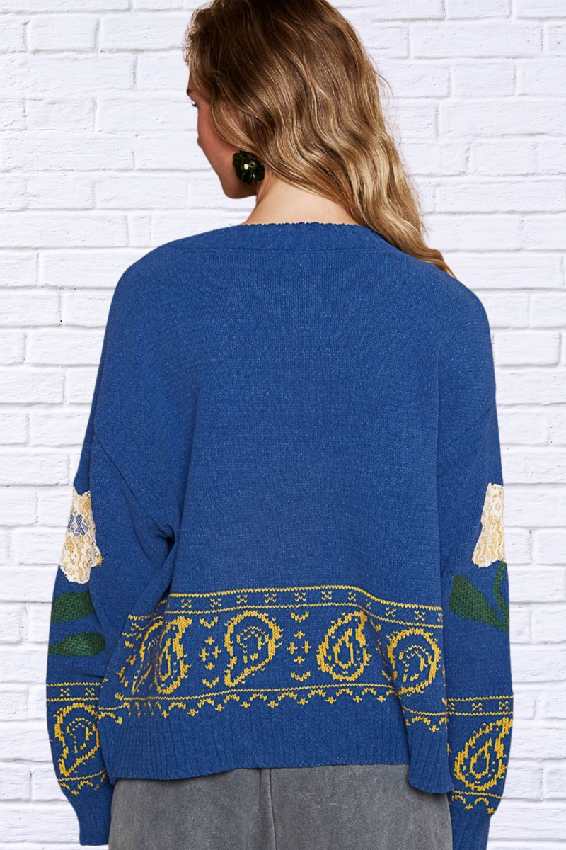 Flower Lace Patch Long Sleeve Sweater