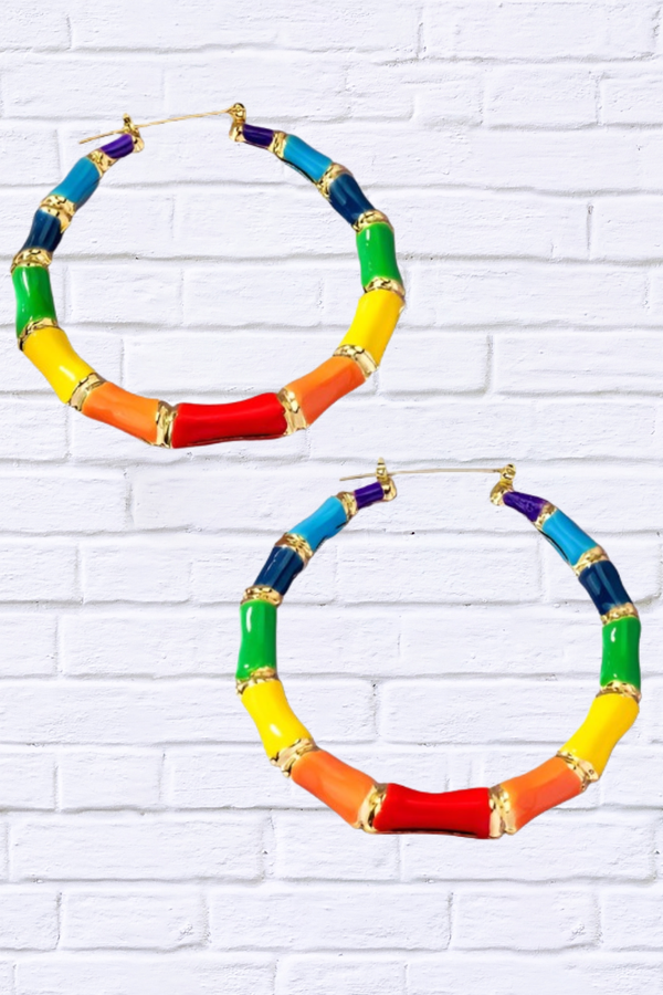 Large Multi Color Enamel Bamboo Hoop Earrings