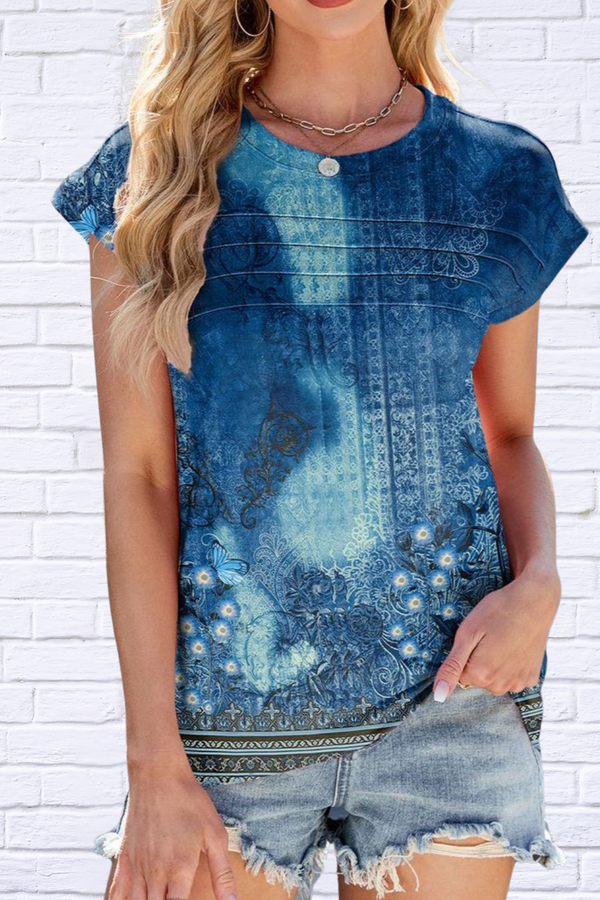 Printed Round Neck Cap Sleeve Top