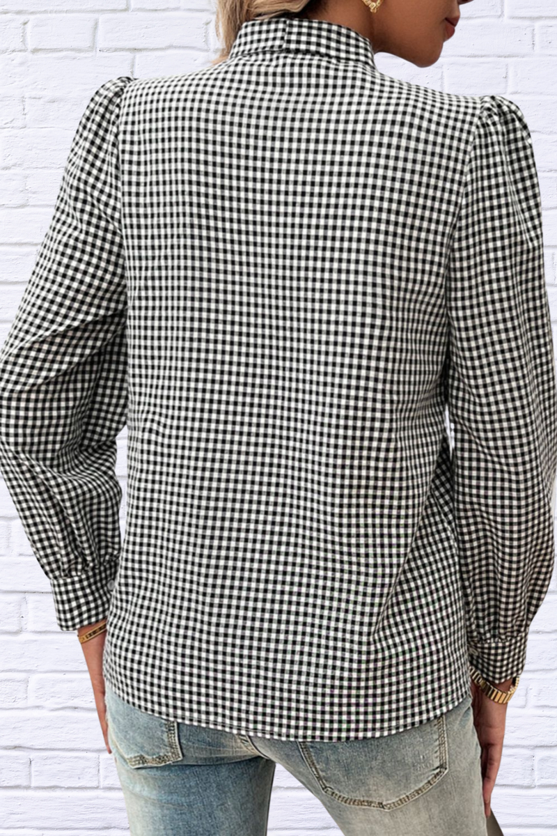 Pocketed Plaid Tie Neck Long Sleeve Shirt