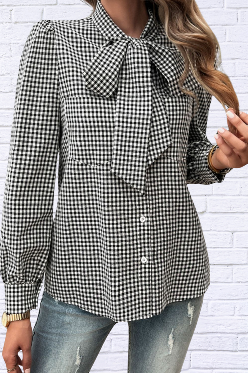 Pocketed Plaid Tie Neck Long Sleeve Shirt