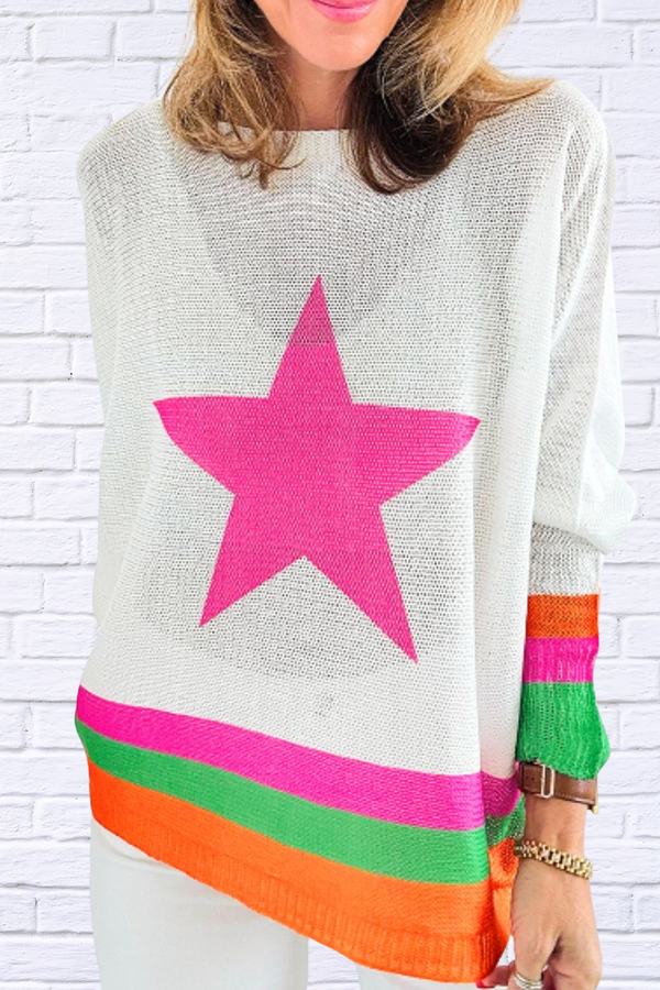 Bright Star Contrast Round Neck Long Sleeve Knit Top