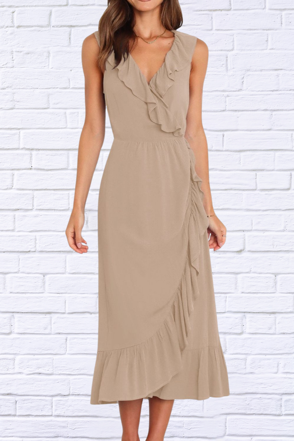 Ruffled Surplice Sleeveless Midi Dress