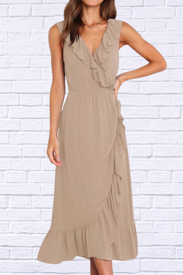 Ruffled Surplice Sleeveless Midi Dress