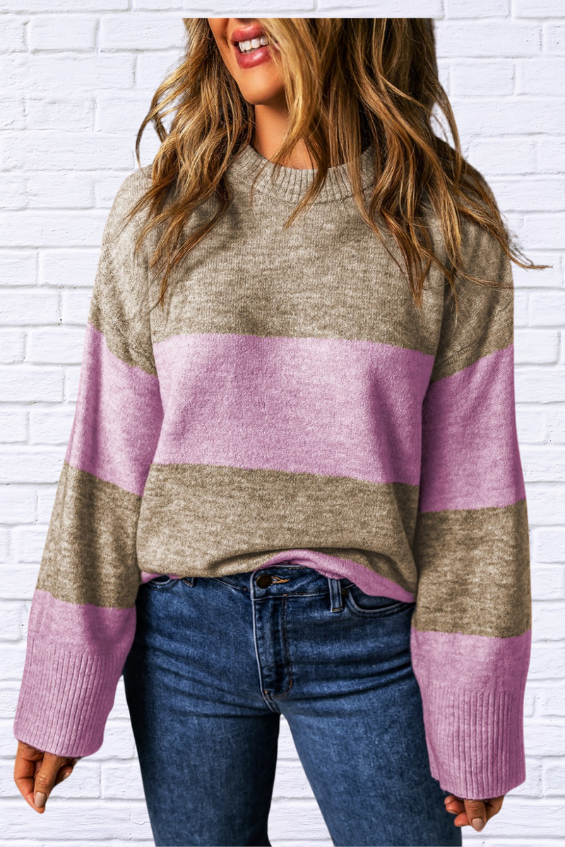 Rebecca Color Block Round Neck Long Sleeve Sweater