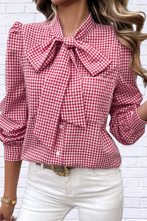 Pocketed Plaid Tie Neck Long Sleeve Shirt