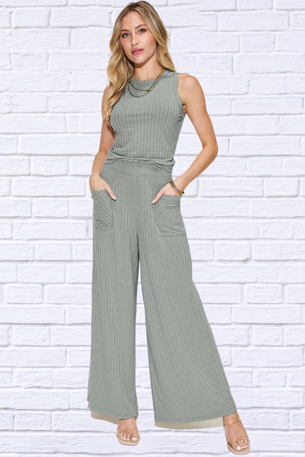 Full Size Ribbed Tank and Wide Leg Pants Set