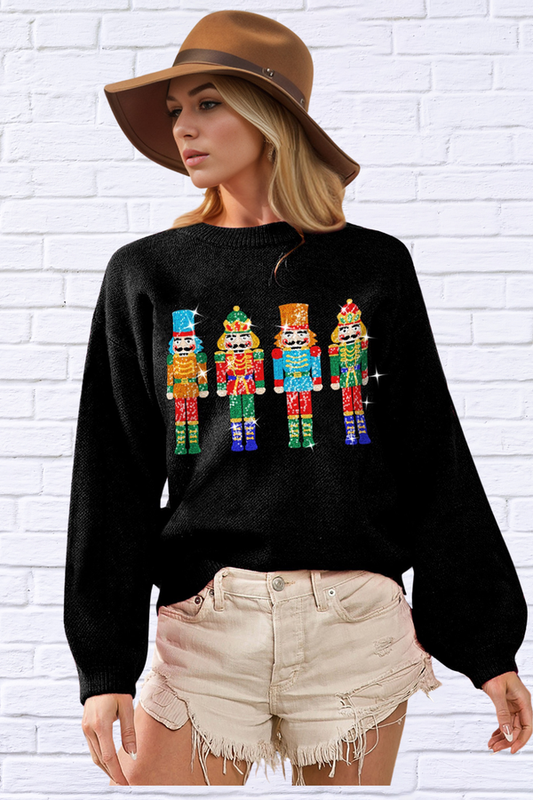 Full Size Sequin Nutcracker Long Sleeve Sweater