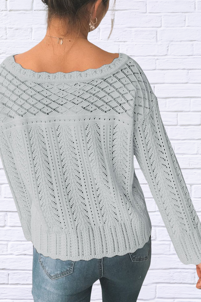 Openwork Round Neck Long Sleeve Knit Top