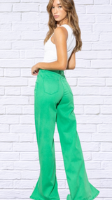 Green Front Slit Wide Leg Tercel Pants