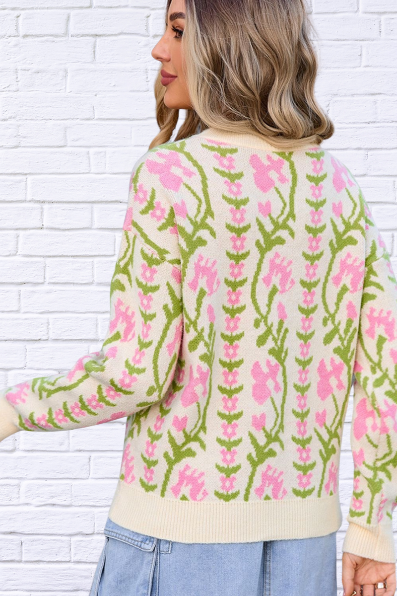 Delicate  Flower Round Neck Long Sleeve Sweater