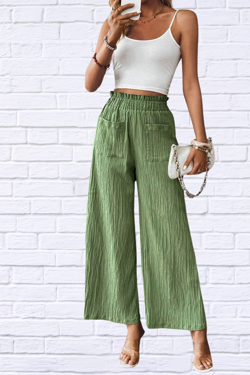 Green Pocketed Elastic Waist Wide Leg Pants