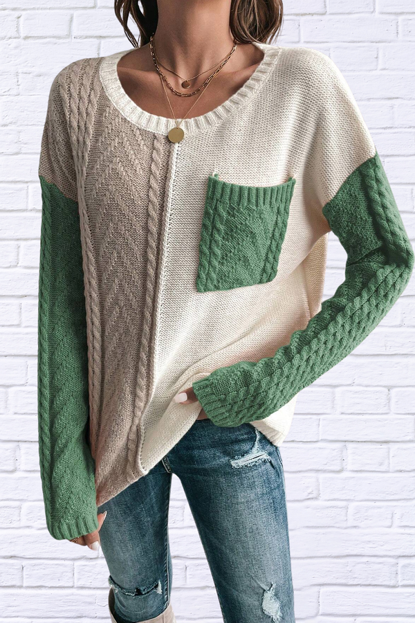 Cream and Green Round Neck Long Sleeve Sweater