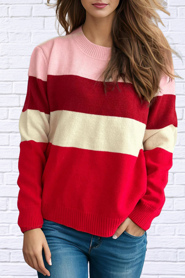 Ruby Color Block Stripe Round Neck Long Sleeve Sweater