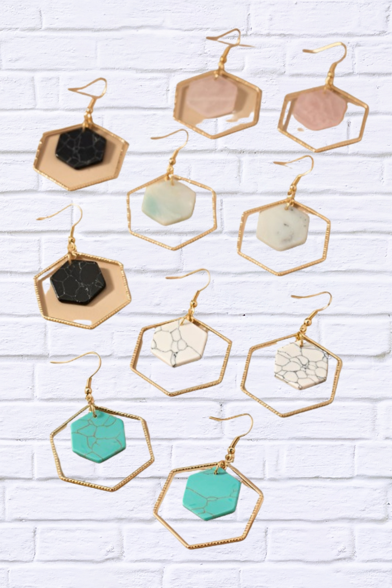 Hexagon Hoop and Stone Drop Earrings