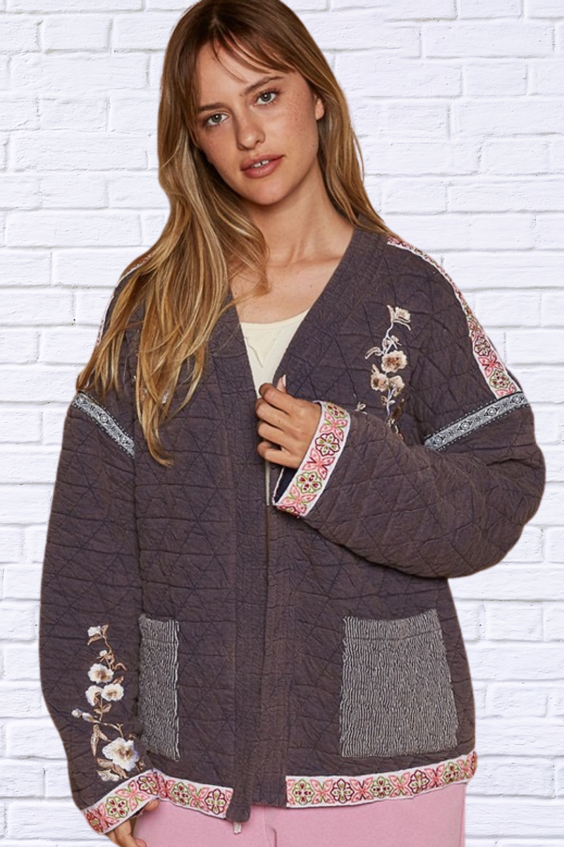 POL Embroidered Open Front Long Sleeve Jacket