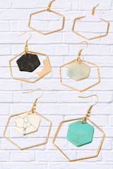 Hexagon Hoop and Stone Drop Earrings