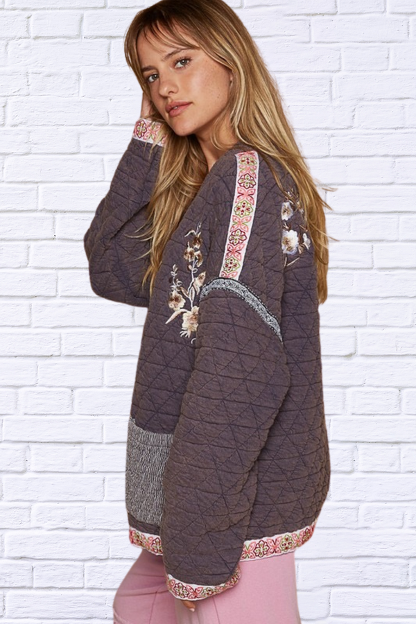 POL Embroidered Open Front Long Sleeve Jacket