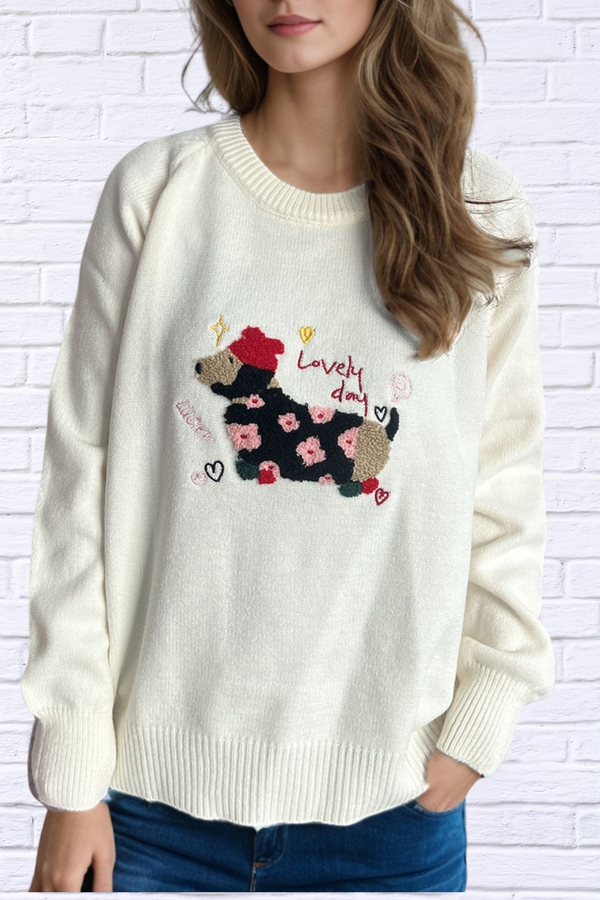 Puppy Round Neck Raglan Sleeve Sweater