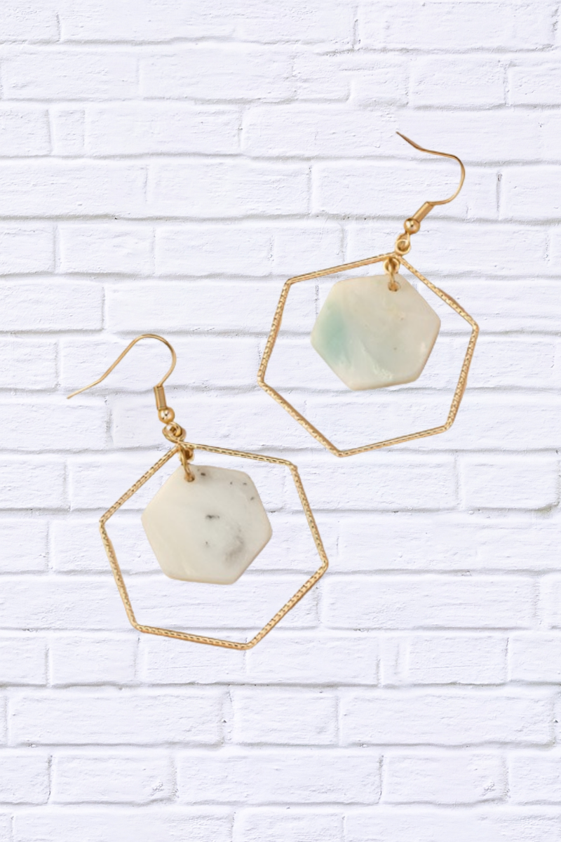 Hexagon Hoop and Stone Drop Earrings