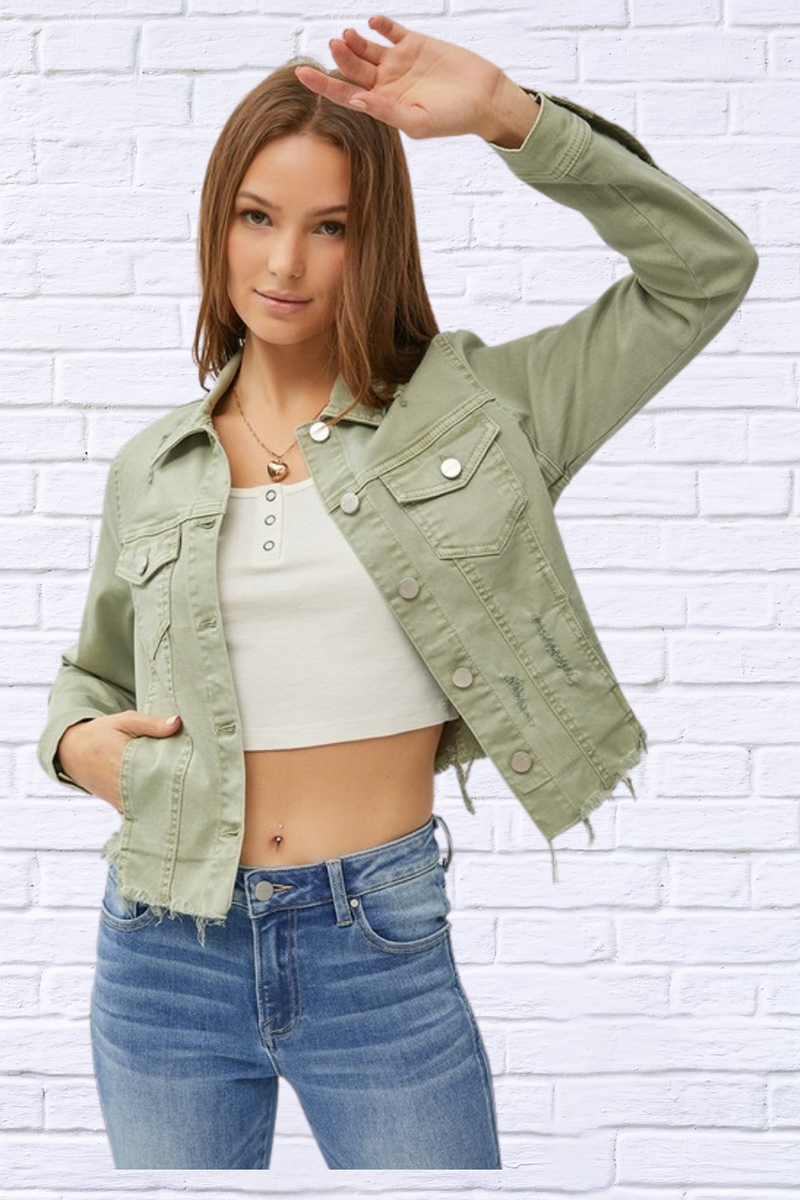 RISEN Full Size Raw Hem Button Up Cropped Denim Jacket Plus Size