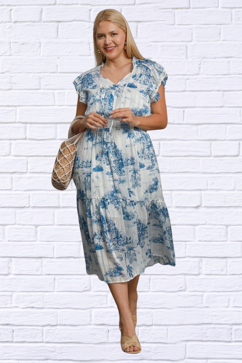 Full Size Two Tone Landscape Print Midi Dress Plus Size