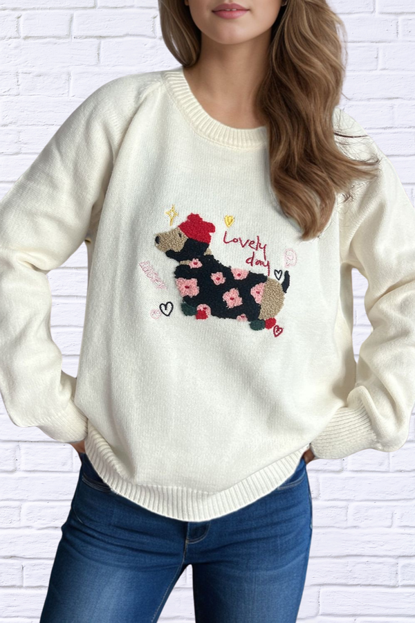 Puppy Round Neck Raglan Sleeve Sweater