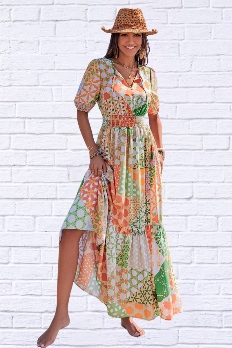 Smocked Printed V-Neck Short Sleeve Maxi Dress