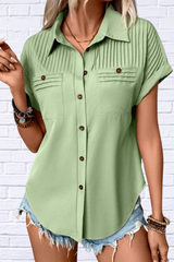 Pleated Detail Collared Neck Short Sleeve Shirt – Classic Elegance with a Modern Twist