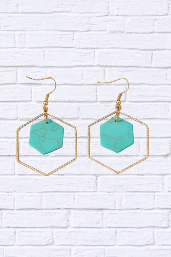 Hexagon Hoop and Stone Drop Earrings