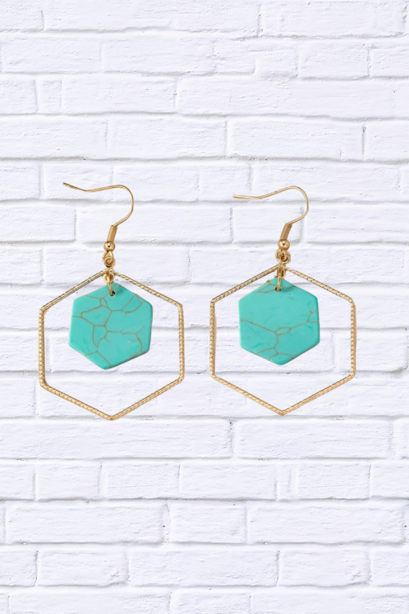 Hexagon Hoop and Stone Drop Earrings